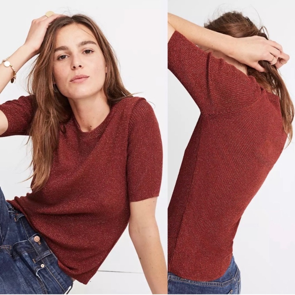 Madewell Rust Sparkle Short Sleeve Sweater Size L